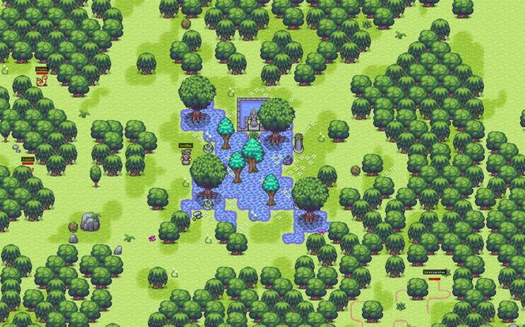 In-game view of a forest clearing with a fountain, a river and a player character.